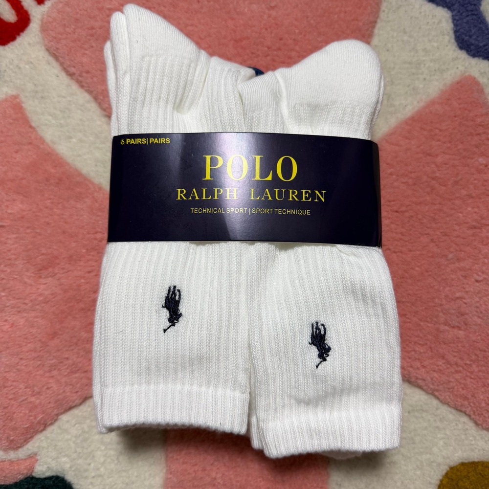Polo Ralph Lauren 6 Pack White Technical Sport Crew Socks Mens Size 6-12.5 NEW - Picture 2 of 4